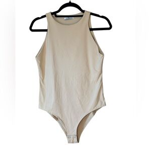 Reoria Women's Nude High Neck Sculpt Bodysuit W/ Snap Closure in Nude Size Large